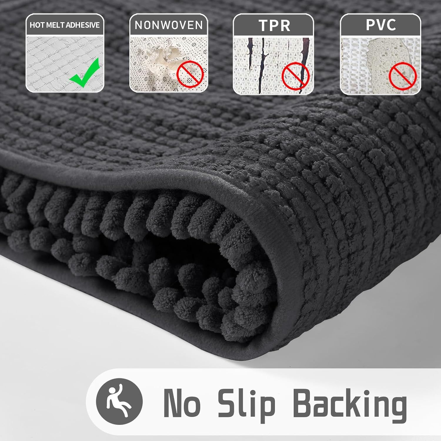 2 Pack Bathroom Rug Sets, Luxury Chenille Shaggy Bath Carpet, Soft Thick, Absorbent Water, Non-Slip, Machine Washable, Dark Grey — image 4