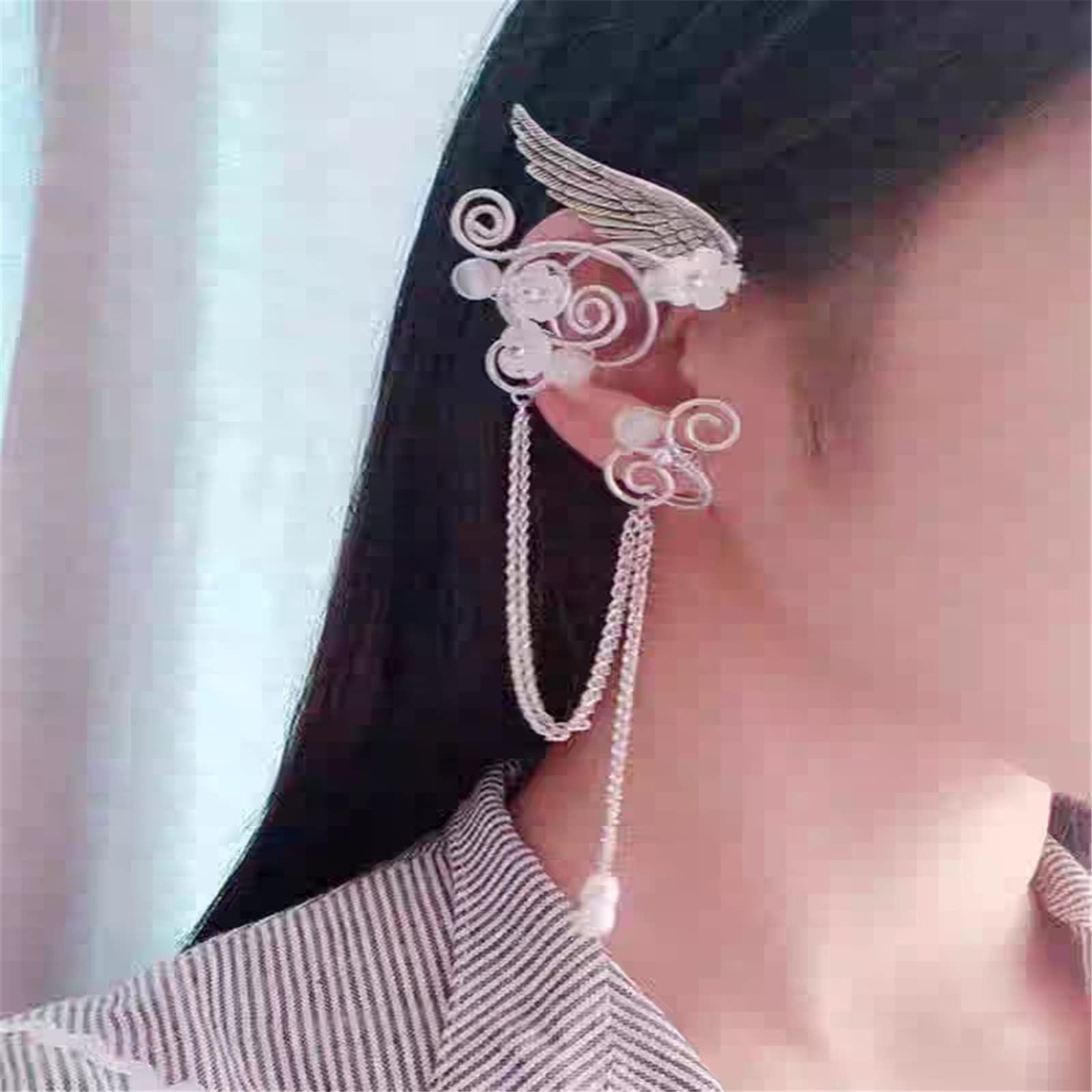 Handmade Nonpierced Elf Fairy Ear Cuff Wrap Earring Celtic Elven Flower Faux Pearl Bead Wing Chain Tassel Clip-On Earring — image 5