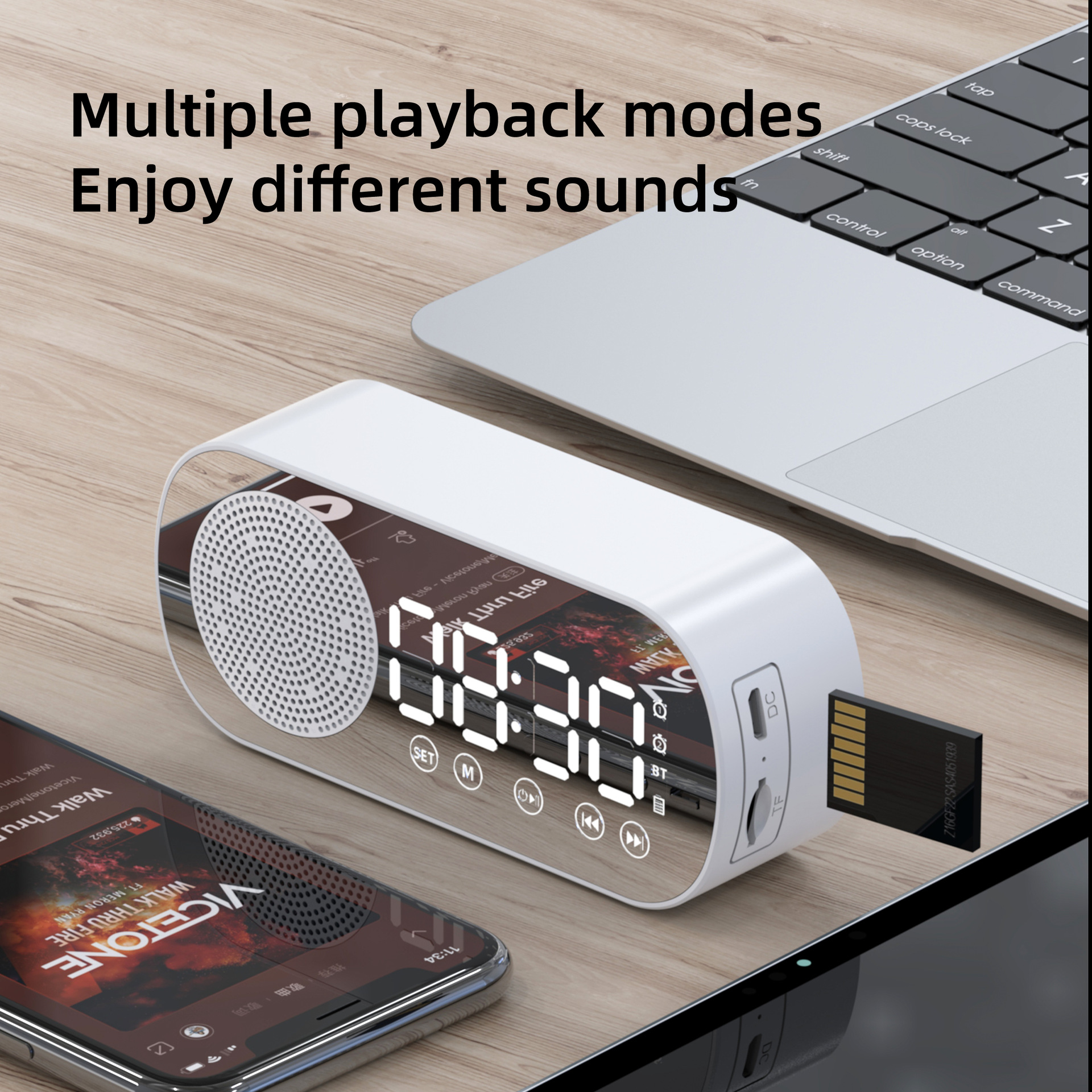 1 Piece Digital Alarm Clock with Bluetooth Speaker, Mirror Display and Adjustable Night Light for Bedrooms and Bedside Use, Black — image 3