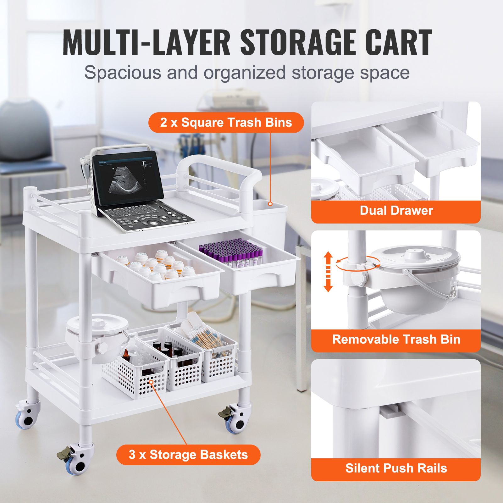 2 Tiers Lab Carts, Lab Utility Cart with 2 Trays, 2 Drawers & 4 Silent Wheels, Mobile Medical Cart with PP Material, Lab Rolling Cart with 3 Trash Cans for — image 5