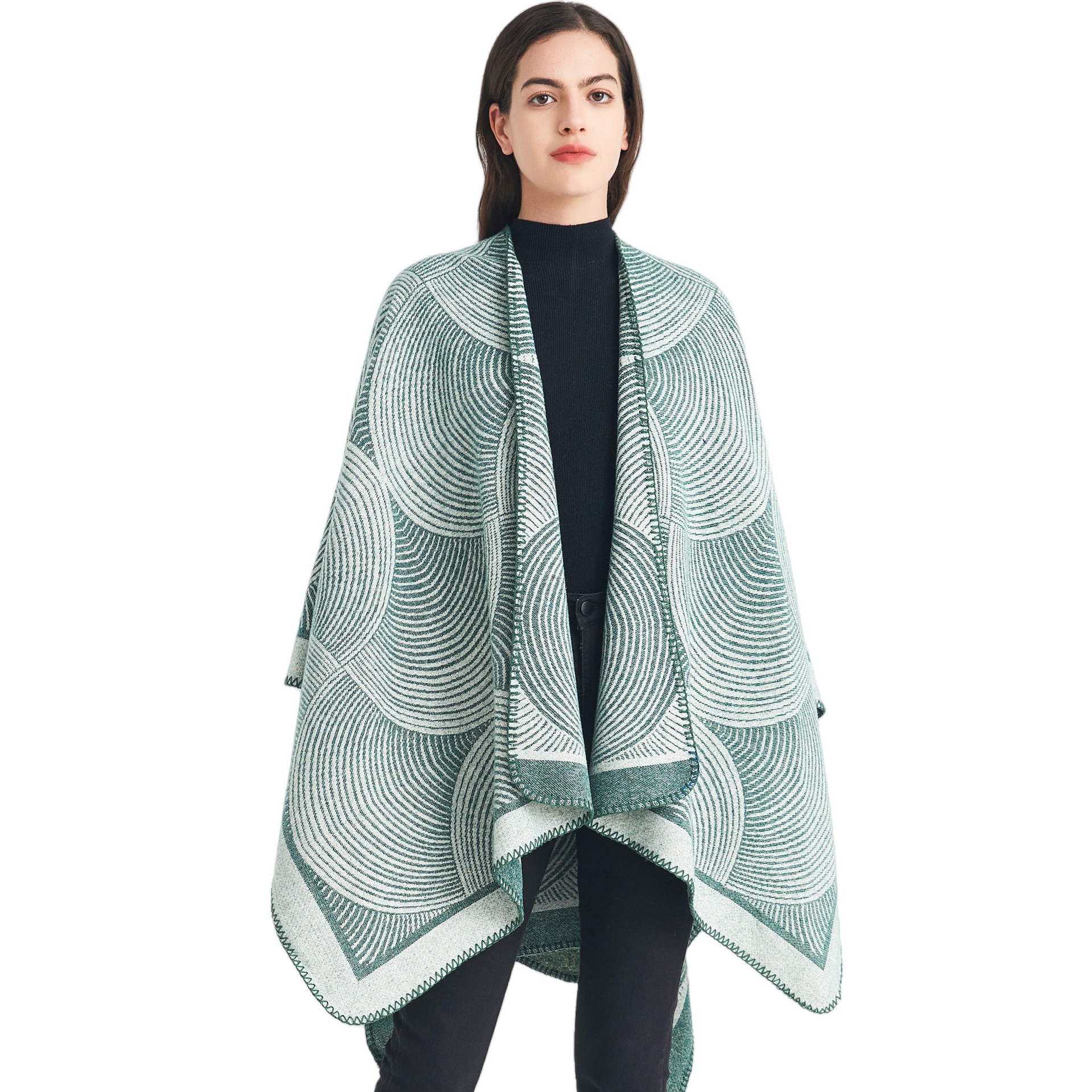Green Geometric Print Cape - Cozy Knit Poncho for Women (165 × 130cm) — image 4
