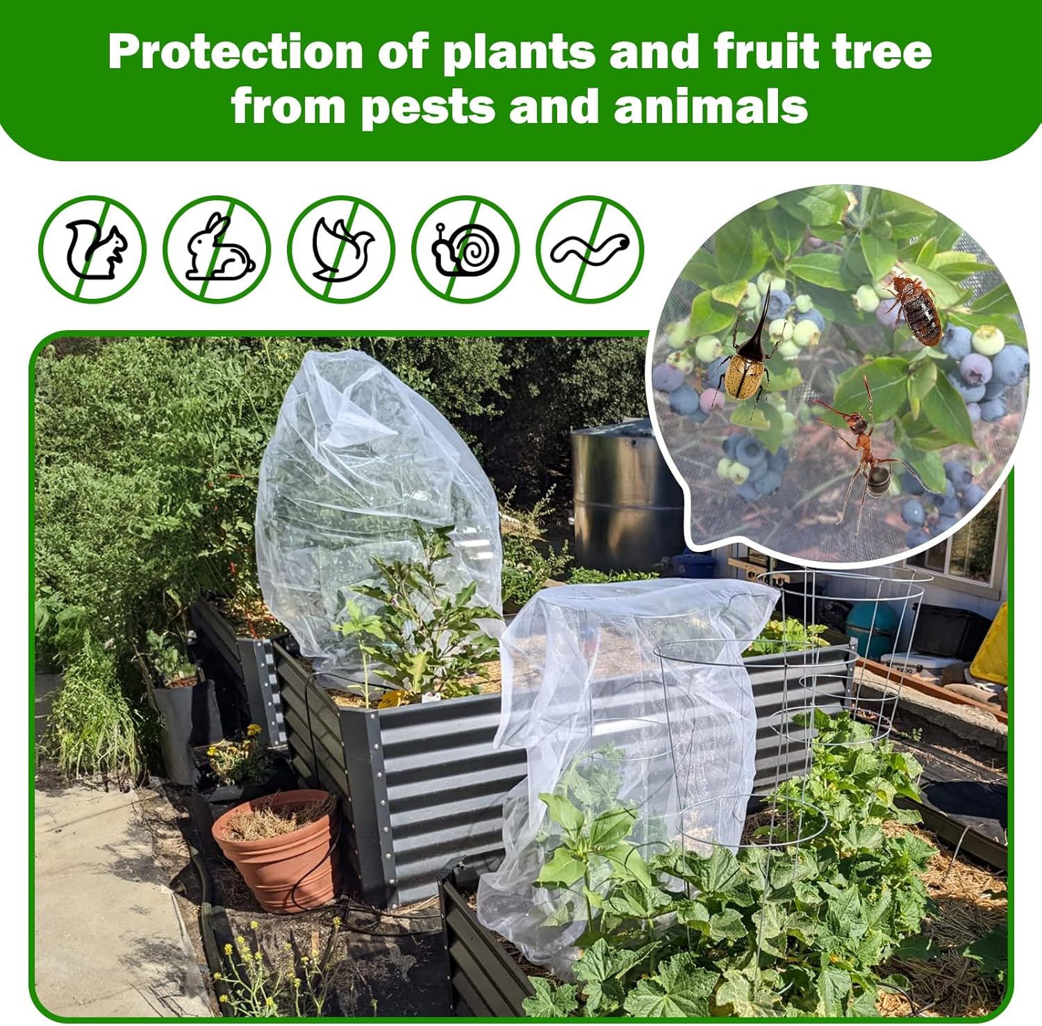 4 Pack Garden Mesh Netting for Plants 2.6x3.3ft - 3.3x4.9ft Insect Bird Netting Pest Barrier Bag with Drawstring 2 Size Fruits Tree Blueberry Bush — image 5
