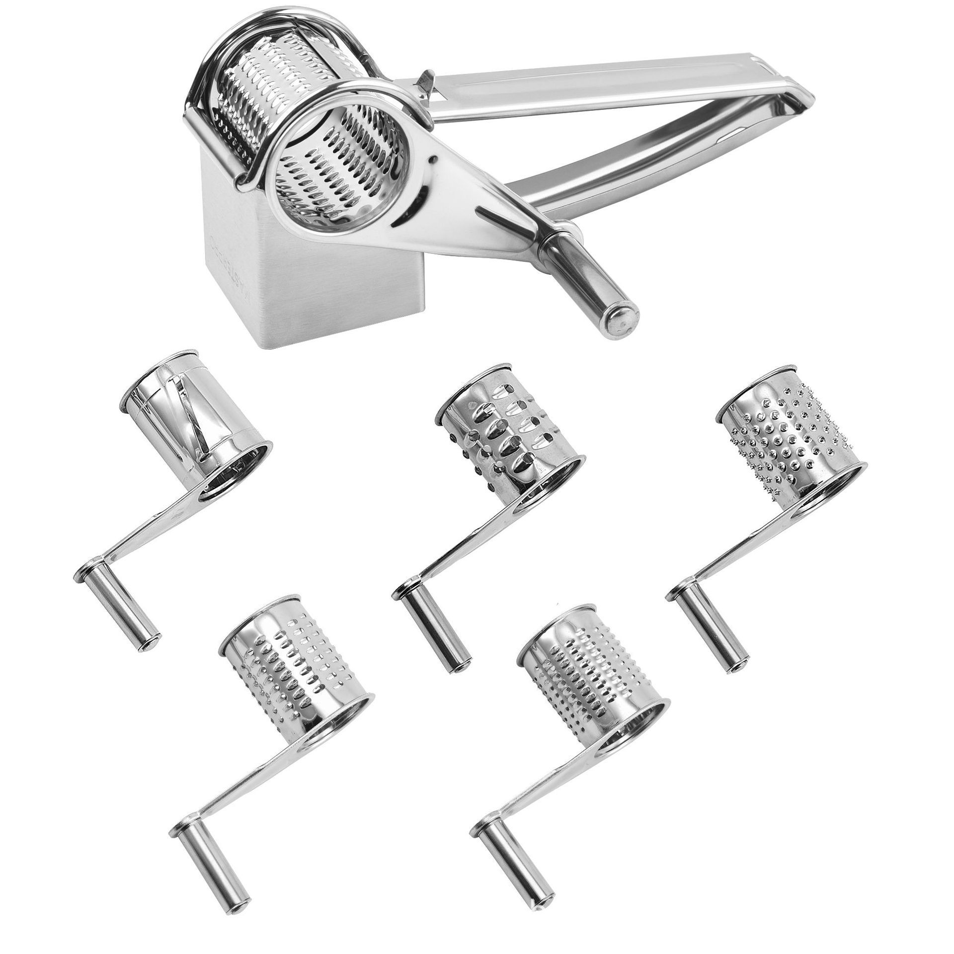 Stainless Steel Hand Crank Cheese Grater（Flat-blade planer+3-4 hole planer+5-6 hole planer+7-8 hole planer+9-10 hole planer） - Rotary Drum Shredder for Cheese
