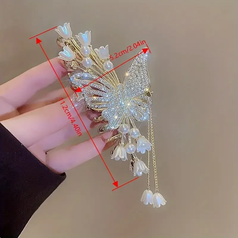 【Alloy Butterfly Tassel Claw Clip】 Fully Rhinestone-Encrusted Lily-of-the-Valley Pearls, Cascading Metal Tassels, Perfect for Updos, Buns & Side Clips — image 3