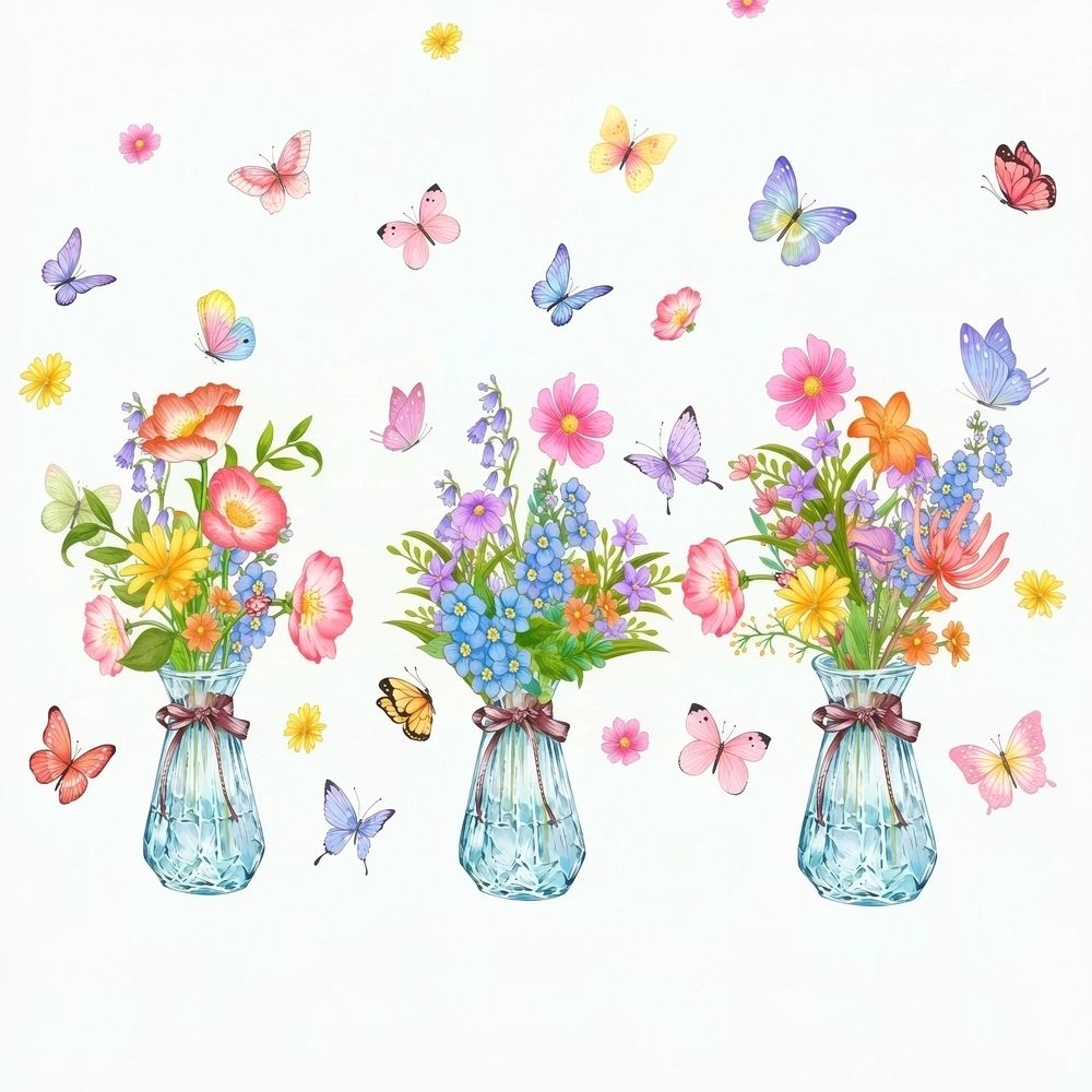 Flower Window Clings Floral Vase Butterfly Wall Decals Double-Side Glass Sticker for Living Room Girls Bedroom Kids Home Decor