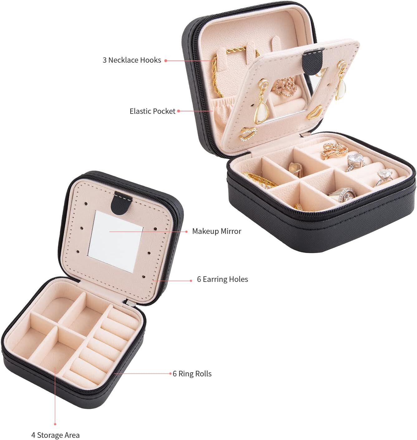 Black Travel Jewelry Box with Mirror: Sleek, Organised Storage for Rings, Necklaces & Earrings, Ideal for Aussies — image 3