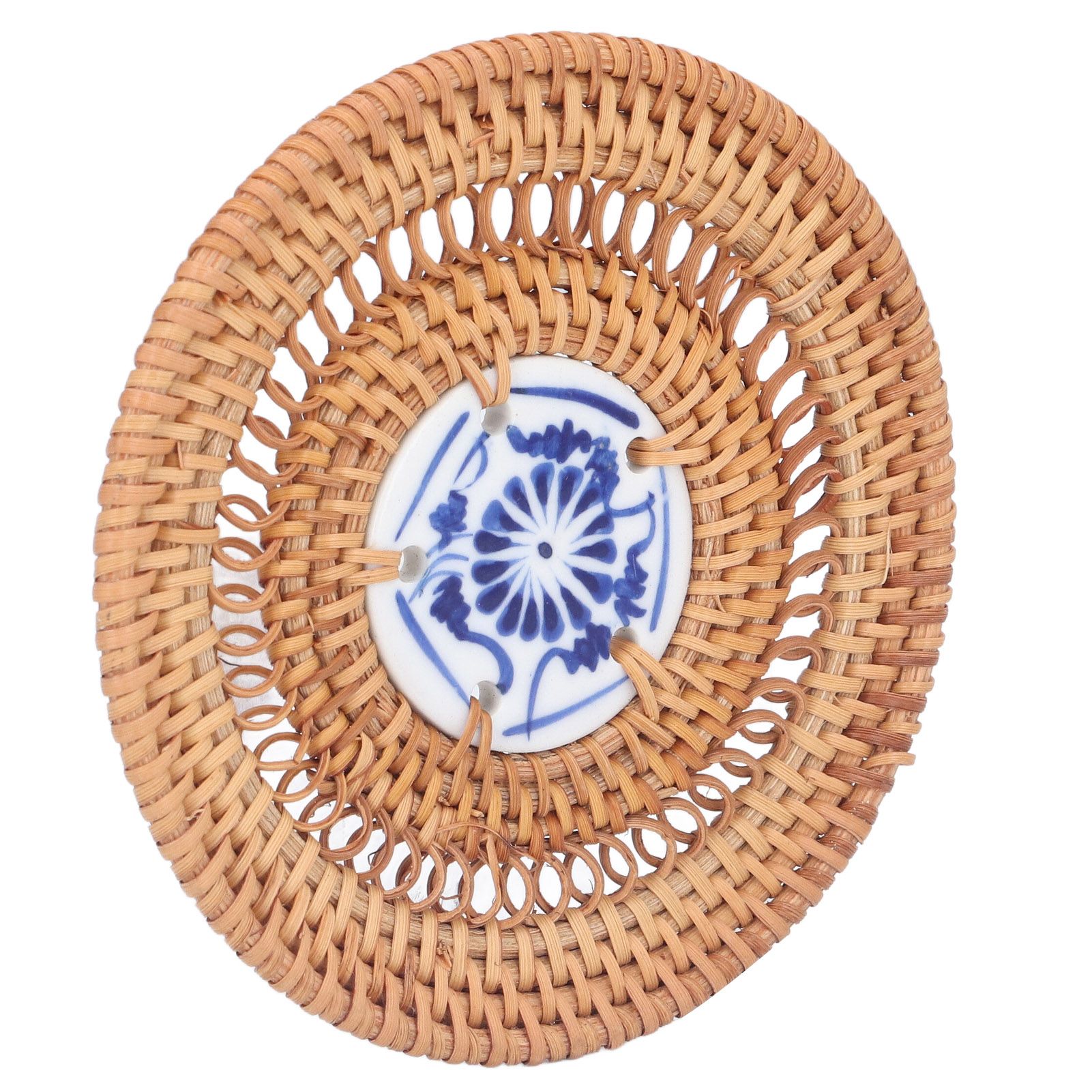 Blue and White Porcelain Coaster Round Woven Rattan Blue White Porcelain Cup Holder for Basil Cups Rattan Cups10cm/3.9in — image 2