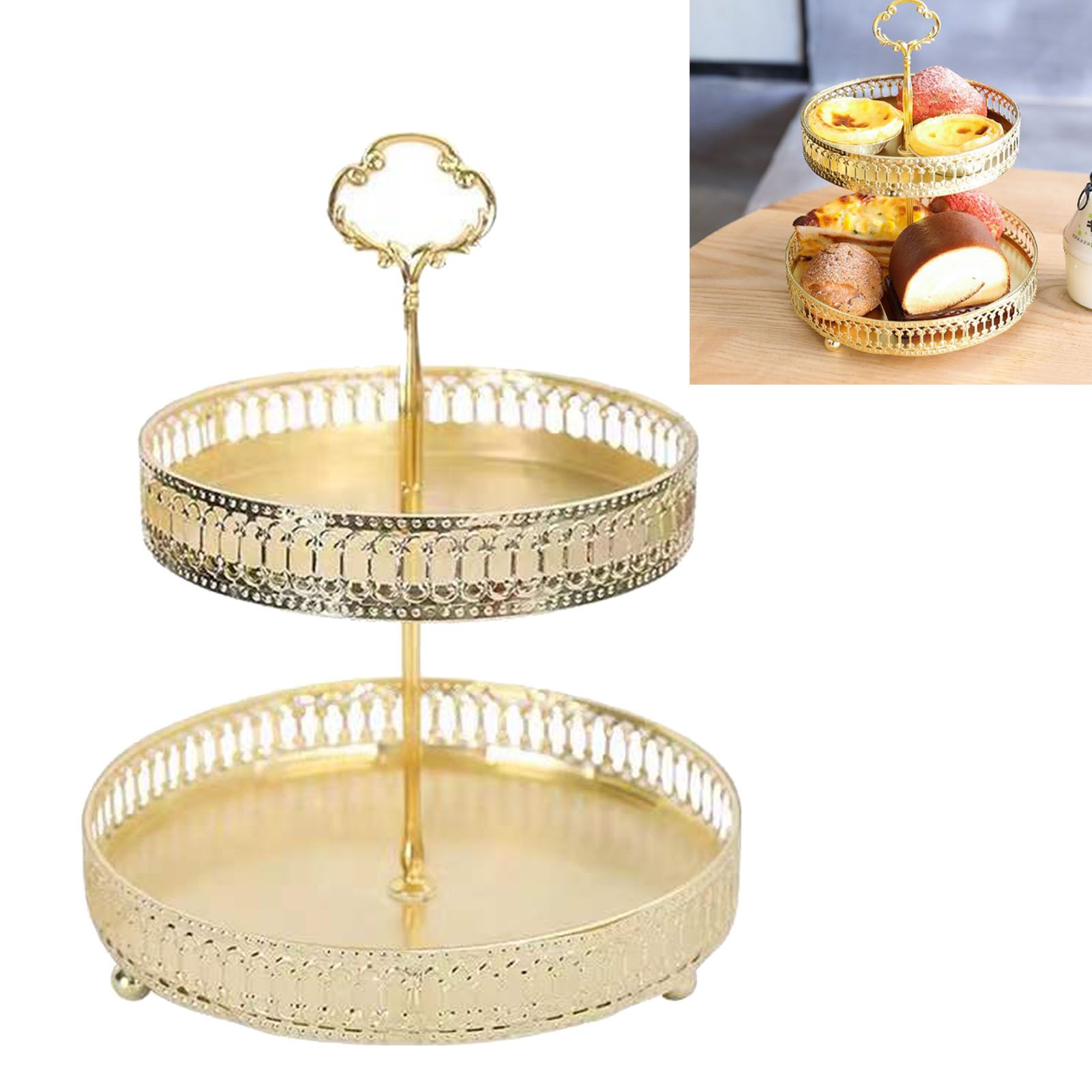 Double Layer Pastry Tray Decorative Copper Gold Biscuits Dessert Display Plate for Wedding Hollowed Out Vertical Grain — image 5