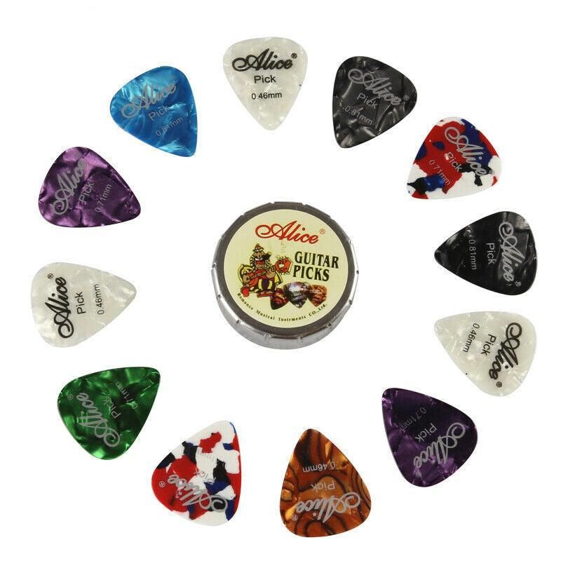 New 12Pcs Celluloid Acoustic Alice Guitar Picks Pick Set Bulk + Case Box Tin Au — image 3