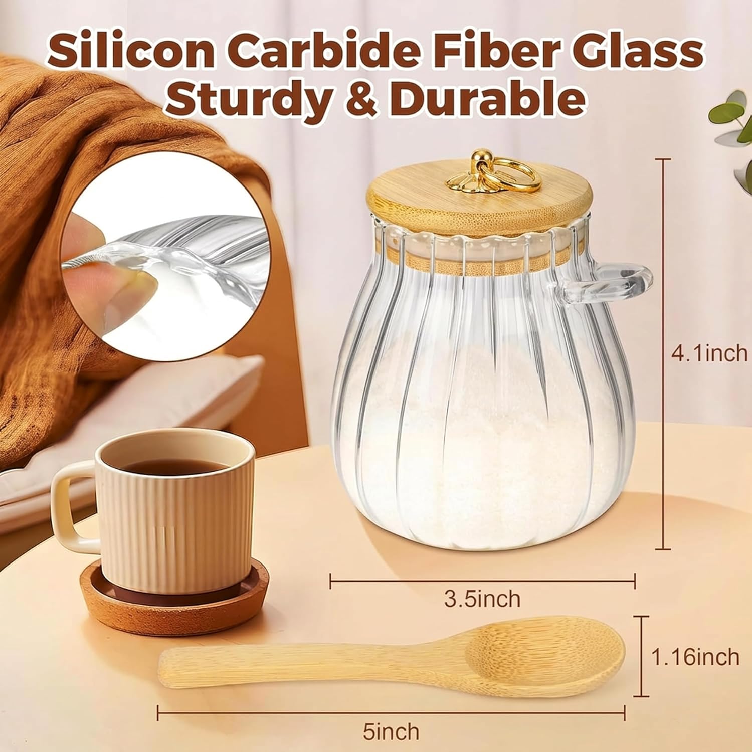 Sugar Container with Bamboo Lid and Spoon,15 oz Sugar Bowl Glass Jar for Coffee Bar Accessories Coffee Canister Kitchen Decor Housewarming Gift Christmas โ image 3