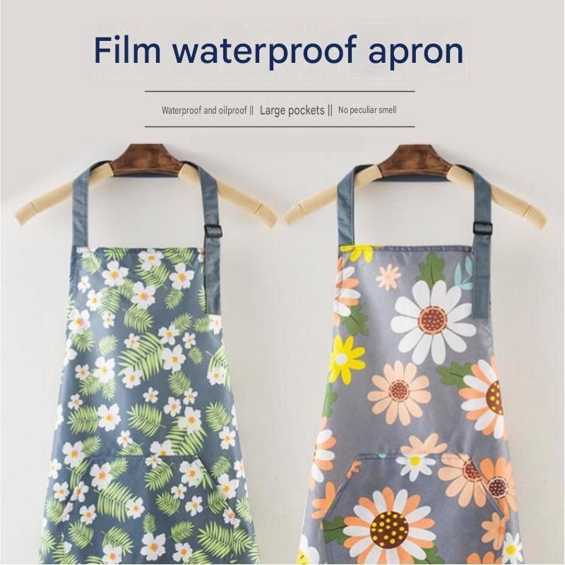 Pink floral pattern Waterproof Kitchen Apron - Oil Resistant Fabric with Adjustable Neck Strap, Large Front Pocket, 70cm Length, for Cooking and Home Cleaning โ image 2