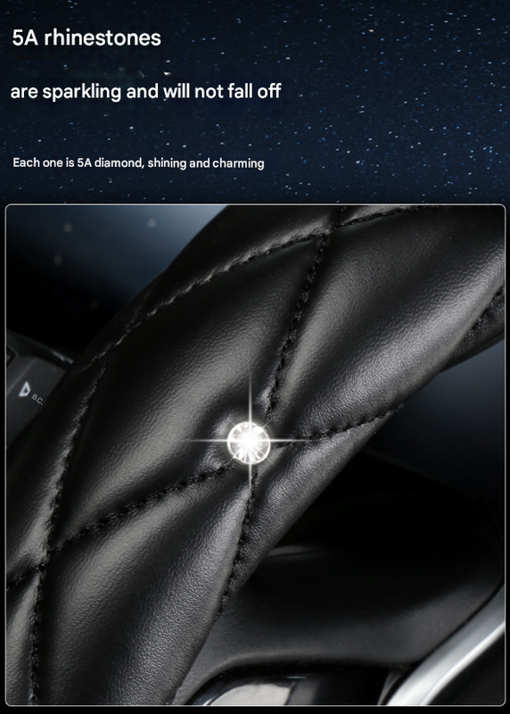 White Luxury Bling Steering Wheel Cover - Black Quilted Leather with Crystal Rhinestones, Universal 38cm Fit — image 5