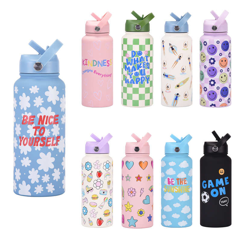 Style 19A Blue and White Plaid Vibrant Fun Print 1L Stainless Steel Insulated Water Bottle - 32oz Large Capacity with Straw Lid & Carry Handle - BPA-Free โ image 2
