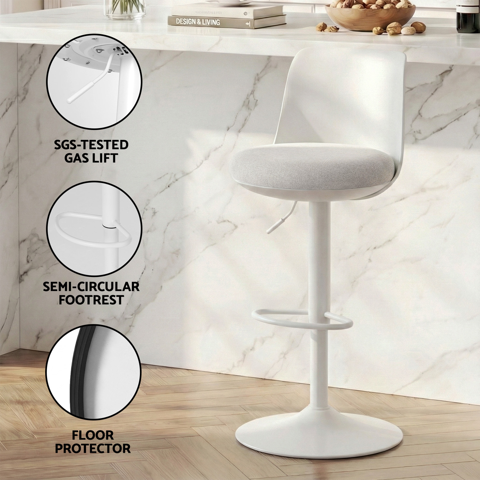 Artiss 2x Bar Stools Kitchen Swivel Gas Lift Counter Dining Chair Curved White — image 6