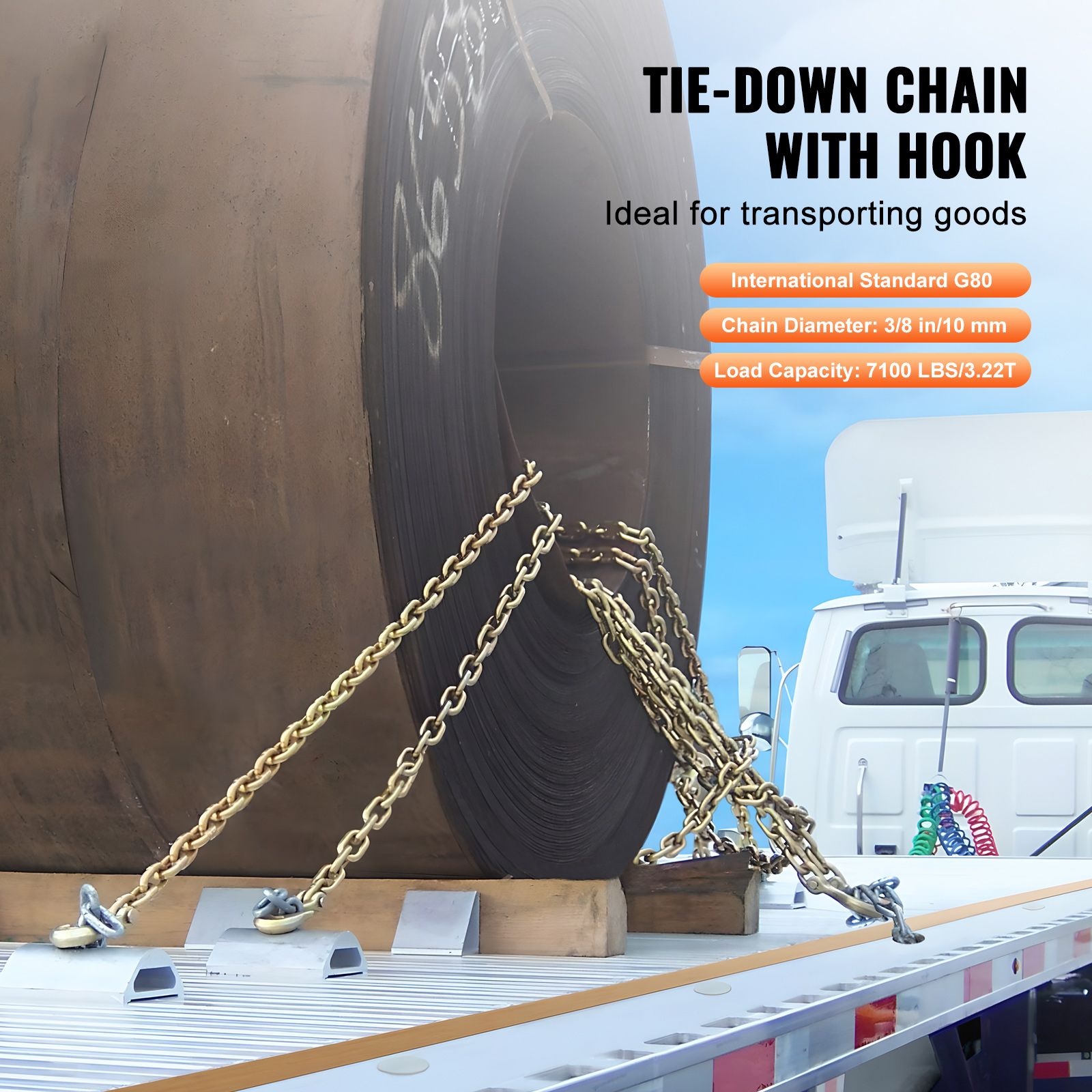 G80 Transport Binder Chain, 10 mm x 316 cm Tow Chain with Clevis Grab Hooks, 3.22T Safe Working Load, Heavy Duty Trailer Logging Chain for Transporting Towing โ image 2