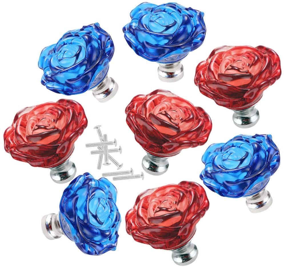 Set of 8 - Decorative Cabinet Handles Knob Pull Handle Crystal Glass Rose Pulls Flower Cabinet Drawer Cupboard Knobs (Red&Blue)