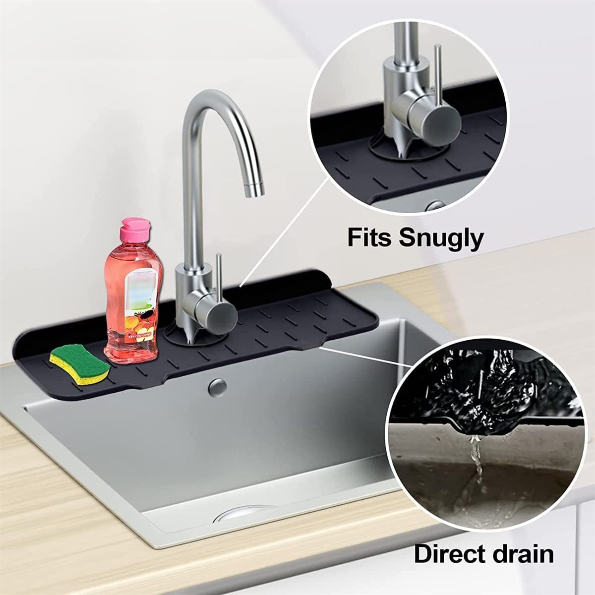 Kitchen Faucet Sink Splash Guard, Silicone Faucet Water Catcher Mat โ Sink Draining Pad Behind Faucet, (Black) โ image 2