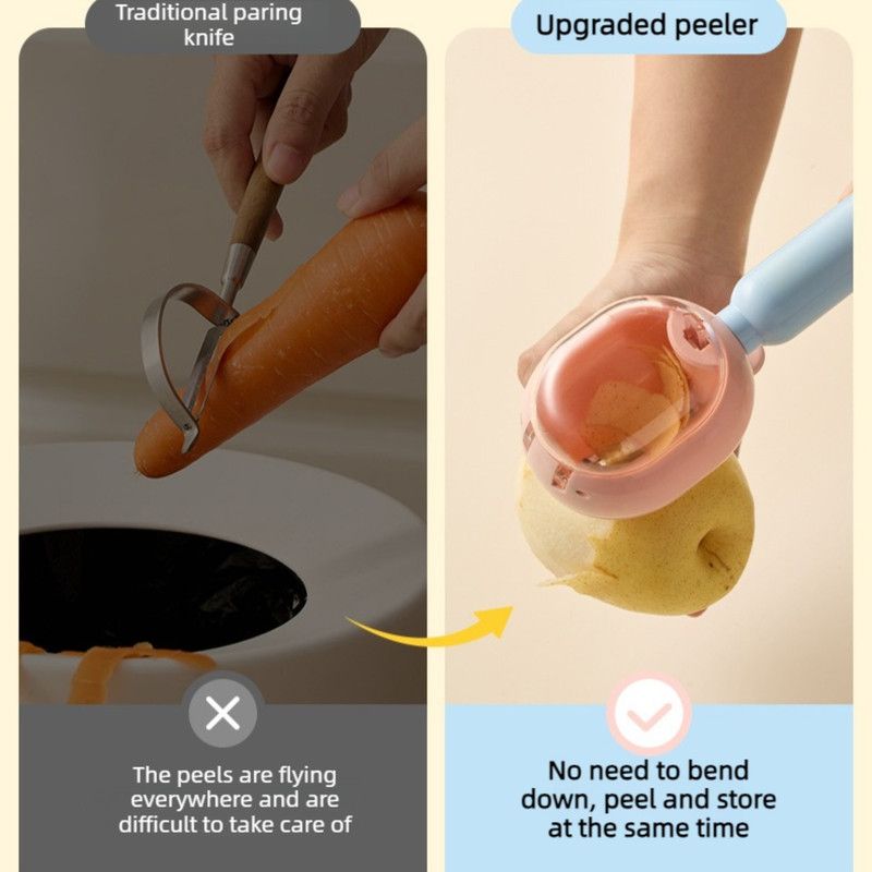 Storage-Type Vegetable Peeler, One-Button Pop-Up to Prevent Peel Splashing, Stainless Steel Fruit Peeling Tool—Pink — image 3