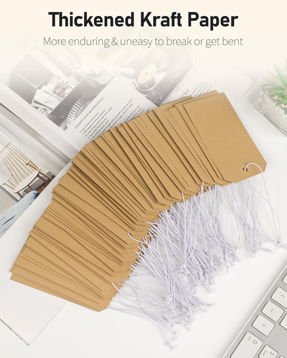 100 Pcs Kraft Blank Shipping Tags with Elastic String Attached Hanging Paper Tags with Reinforced Eyelet Large Marking Price Tag Inventory Label Tag, 4.7" x 2 — image 4