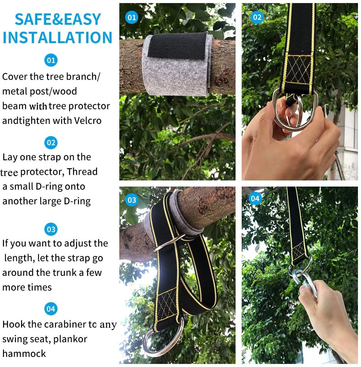 Hanging Straps Kit -5ftx2 Hammock Straps with 2 Heavy Duty Locking Carabiners and 2 Tree Protectors, Polyester Straps Perfect — image 4
