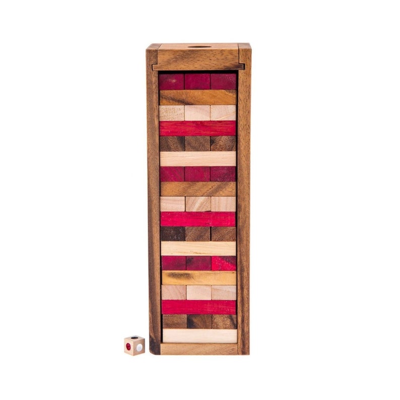 Stacking tumbling blocks wood Red colours balance game with dice play options handmade stacking Fun Board Games Kids Ages 4 to Adults — image 5