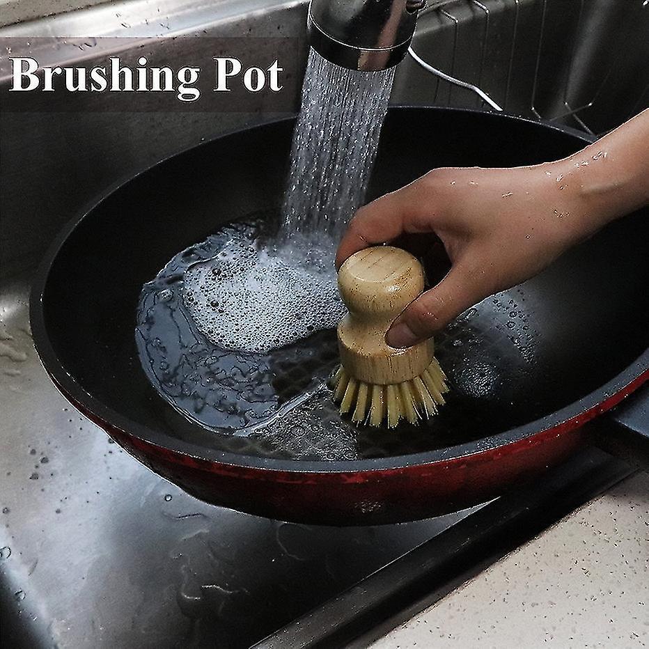 Bamboo Dish Scrub Brush Soap Dish Kitchen Wooden Dish Scrubber Cleaning Brush For Washing Dish Cast Iron Pan Pot — image 4