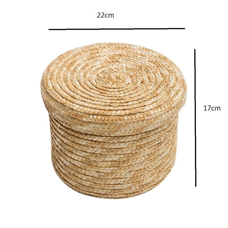 1Pc Handmade Straw Woven Storage Basket Lid Snack Organizer Storage Laundry Baskets Rattan Flower Basket Box Storage(22x22x17cm) โ image 2