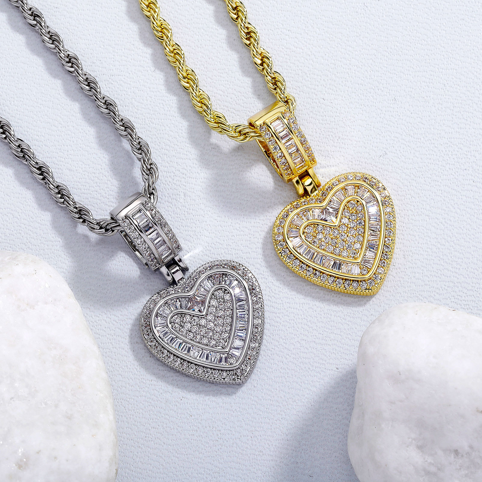 Iced Out Heart Pendant Necklace - 5A+ CZ Stones, 14K Gold Plated with Rope Chain(gold) — image 2