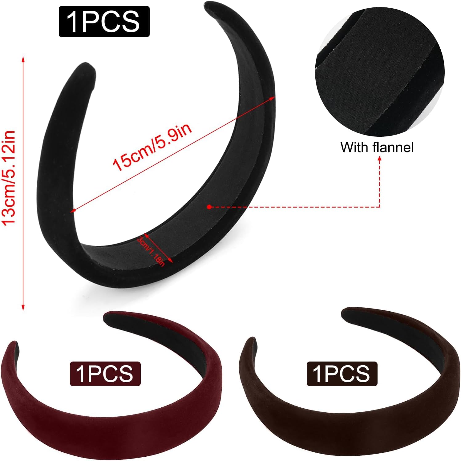 Thick Velvet Headband, 3Pcs Velvet Headbands for Women, 90s Hair Accessories Wide Padded Headbands, Solid Velvet Bezel Headband Fashion Elastic Head Bands for — image 4