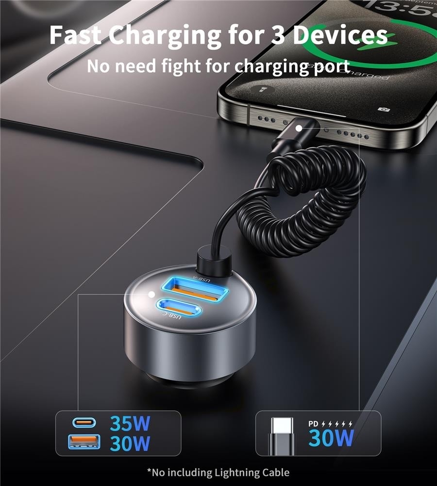 CHOETECH TC0030 65W 3-Port Fast Car Charger with 3.3ft Type-C Stretchable Cable — image 3