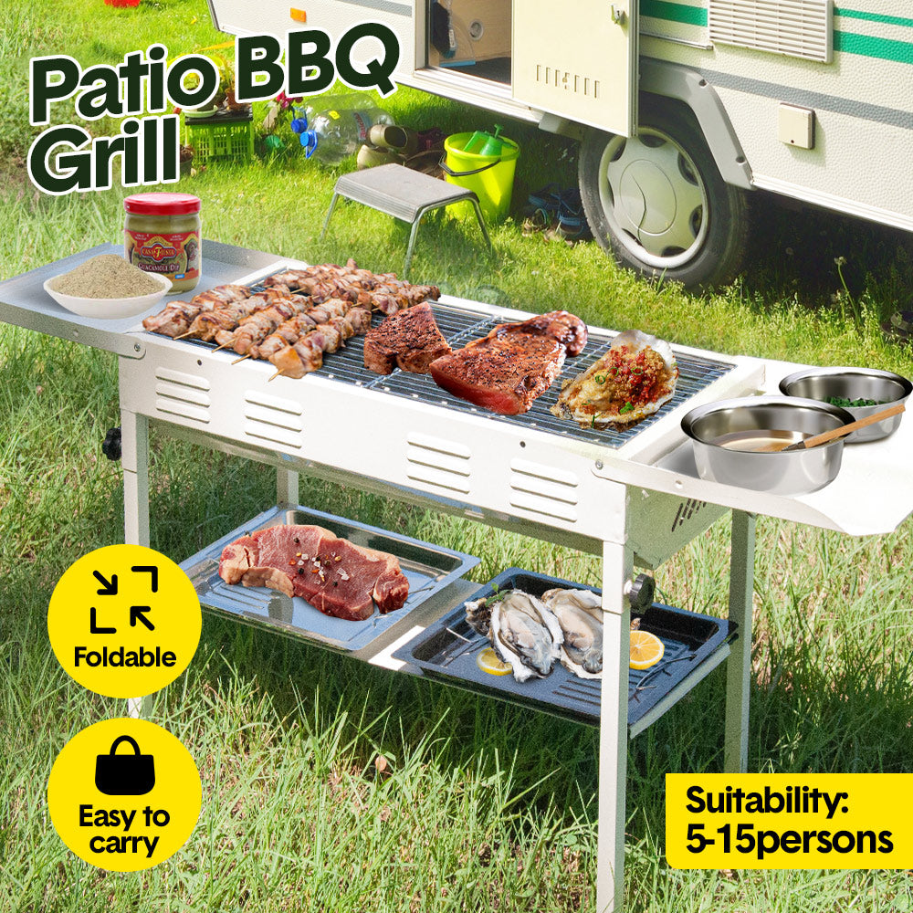 Portable Large Barbecue Charcoal Grill Stove Foldable Kebab Stainless Steel BBQ Grill With 2 Grill Nets 2 Enamel Baking Pans And Tong Outdoor Camping Patio — image 2