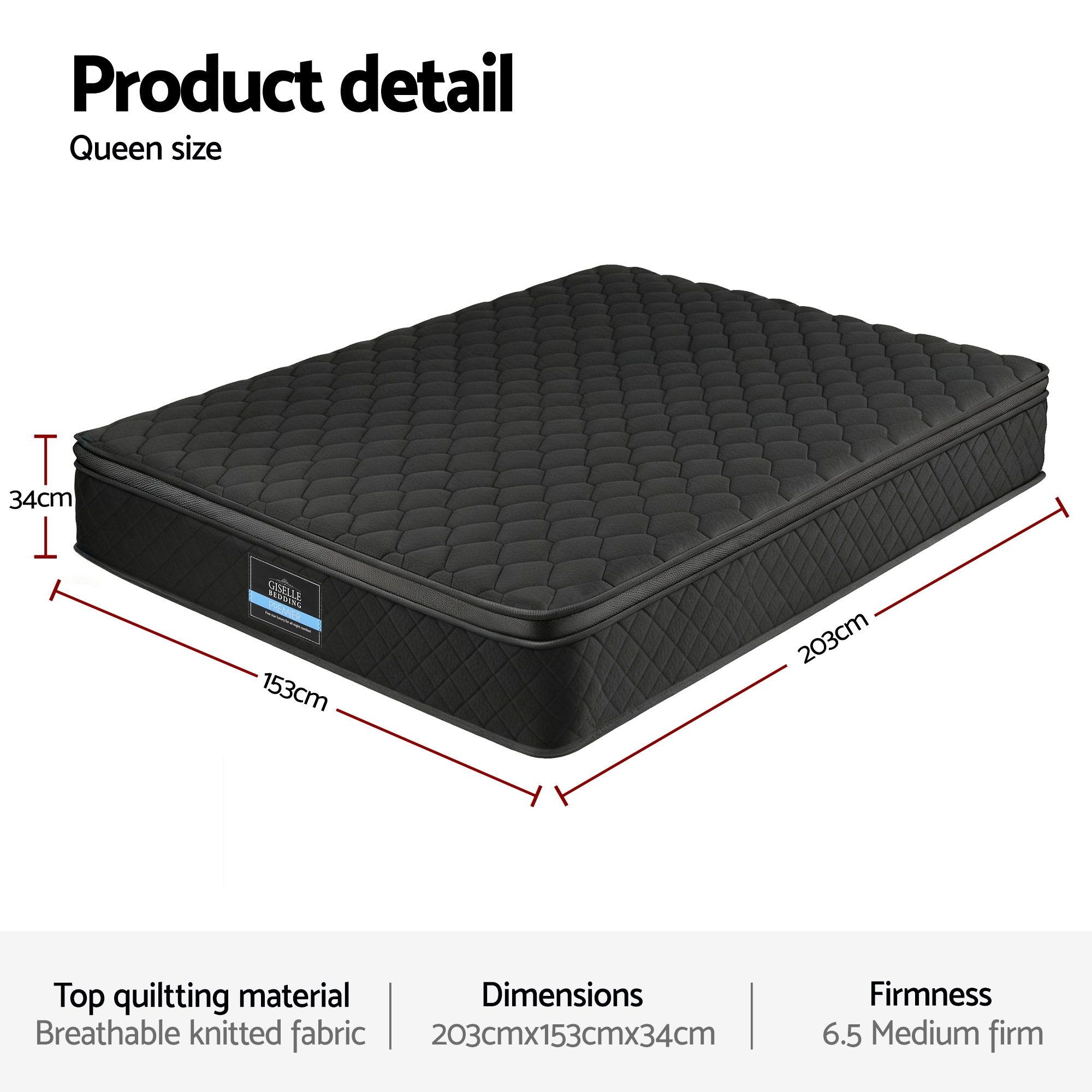 Giselle Bedding Queen Mattress 34cm Euro Top with 5-Zone Pocket Spring Support Black โ image 2