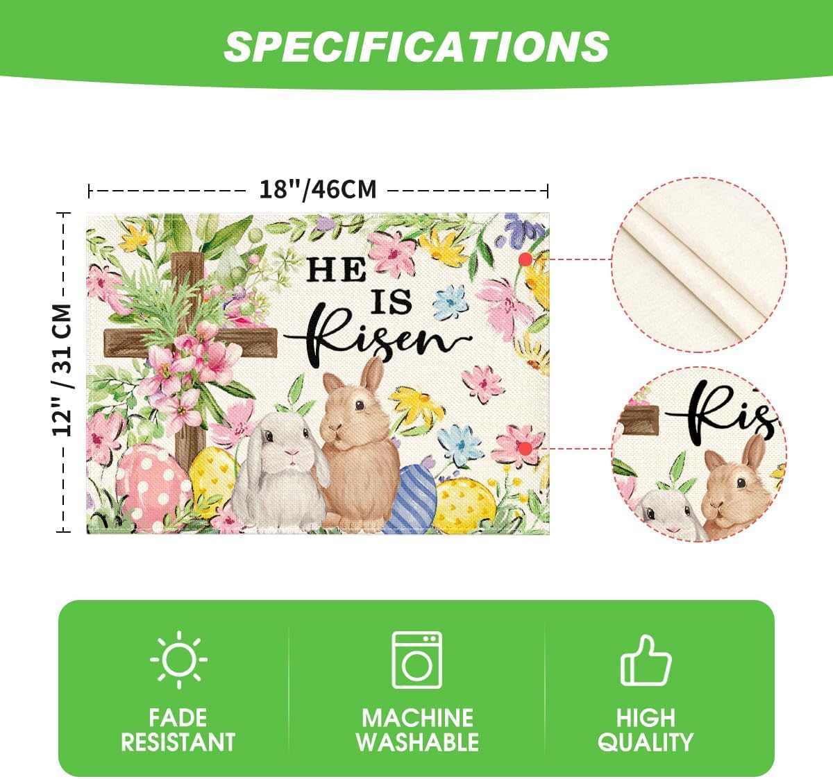 Bunny Rabbits Flower Colorful Eggs Easter Placemats Set of 4, 12x18 Inch Seasonal Spring Table Mats for Party Kitchen Dining Decoration โ image 6