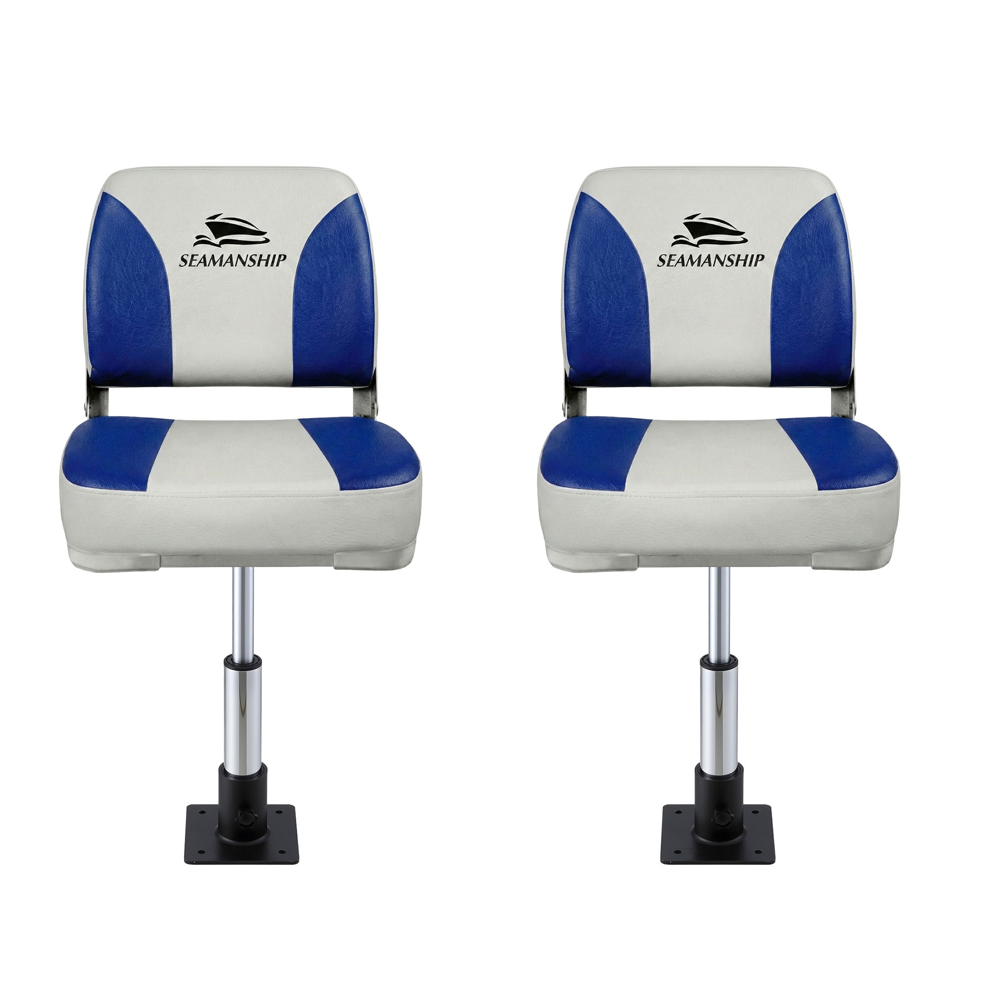 Seamanship 2X Folding Boat Seats with 2X Adjustable Pedestals 34–46cm Marine Swivel Low Back 13cm Padding White Blue — image 3