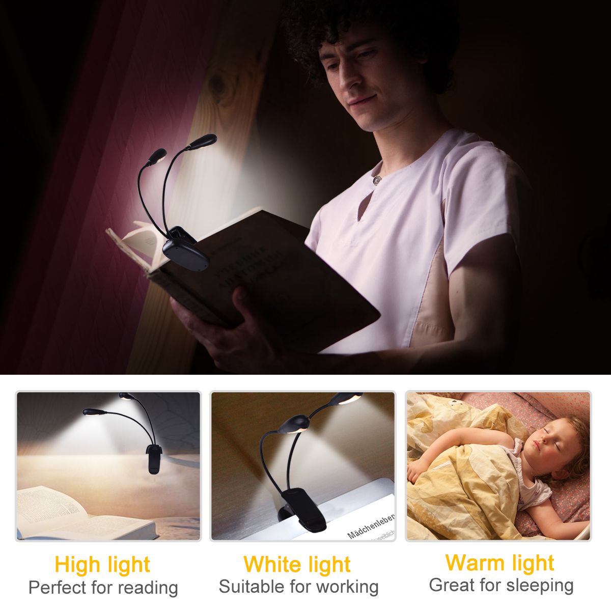 Reading Light, 14 LED USB Rechargeable and Eyecare Book Light, Flexible Clip Reading Lamp โ image 6