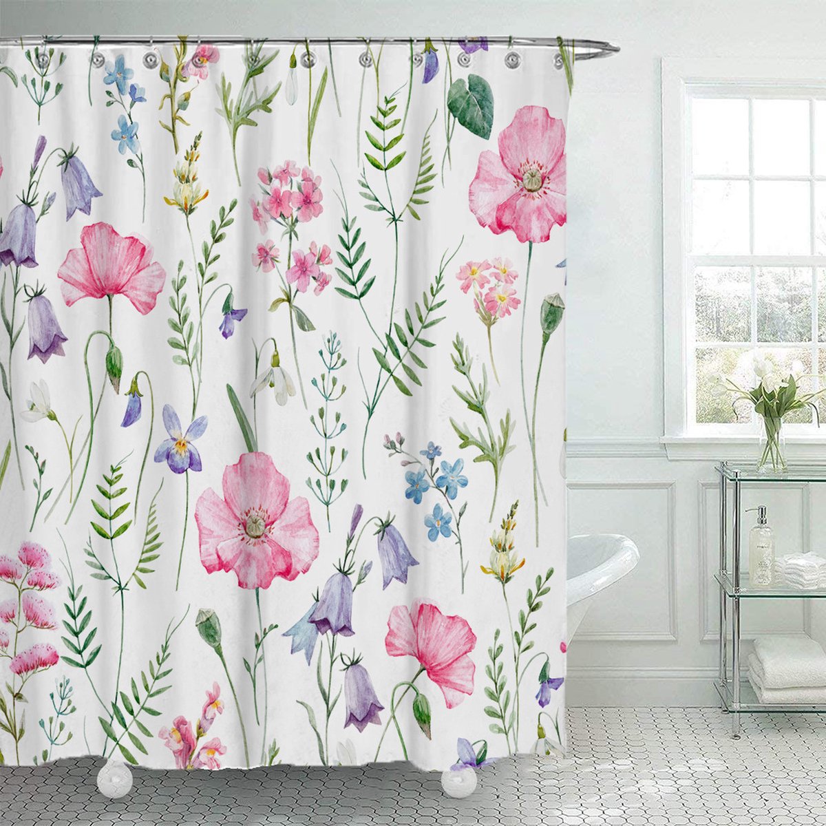 Shower curtain - 90 × 180cm - Watercolor Flower Plant Tropical Leaf - Polyester - Color - Printed - Anti-mold - Waterproof