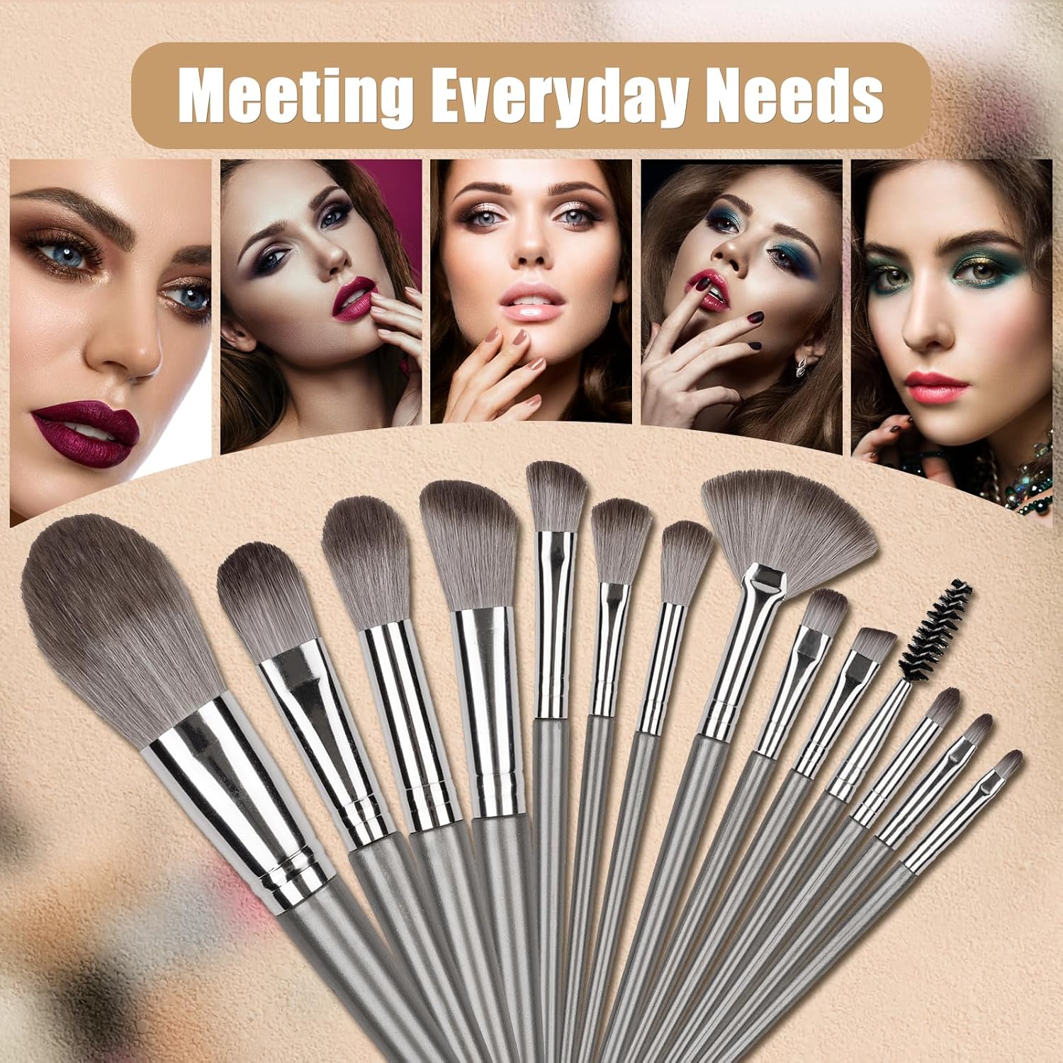 Makeup Brushes, 14 Pcs Professional Makeup Brush Set, Eye and Face Foundation Brush Set, Eyeshadow Brushes, Cosmetic Brushes, with PU Bag, Grayish — image 6