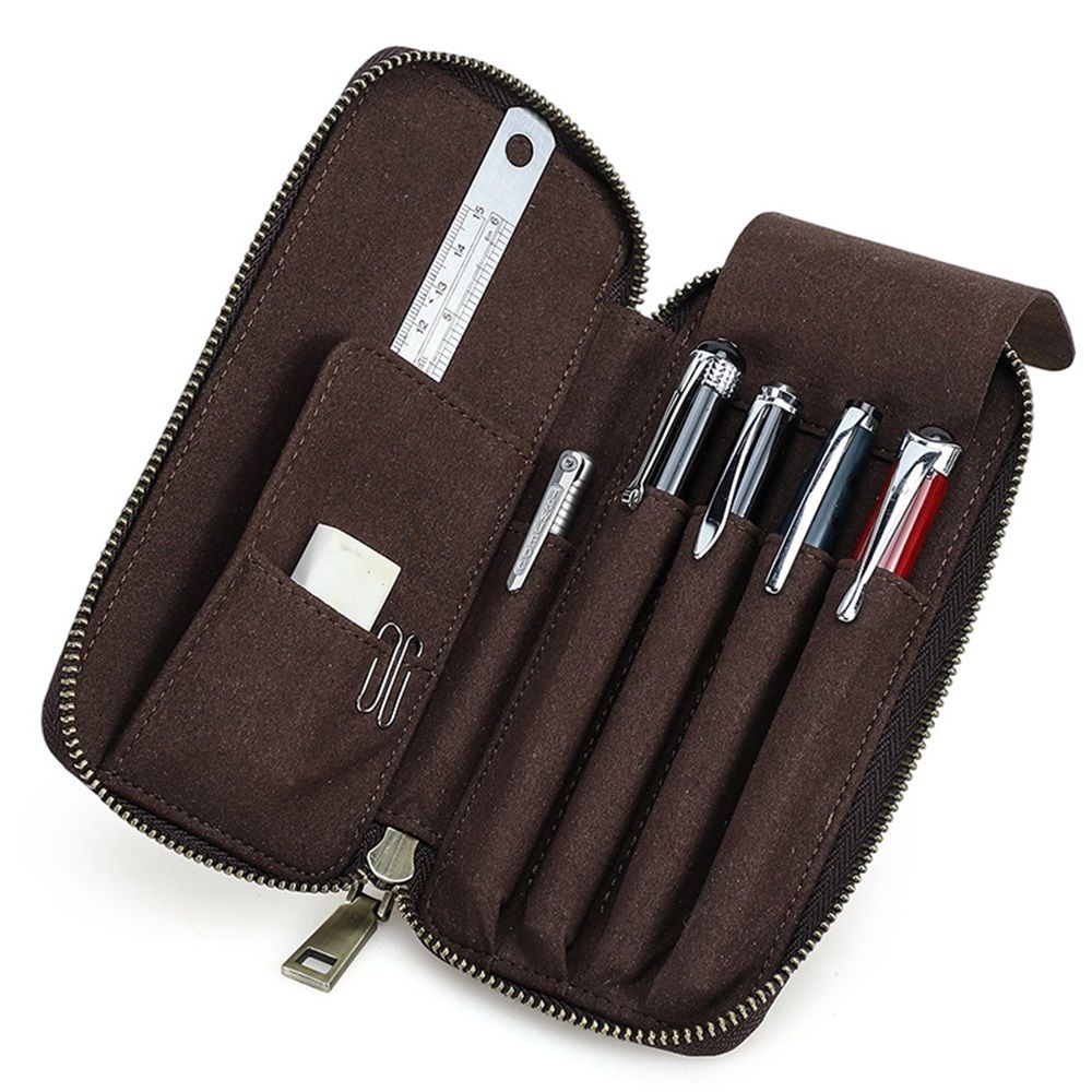 Top Grain Genuine Leather 4 Fountain Pen/Pencil Case Pouch, Handmade Minimalist Design, Zipper Closure with Multi-Function & Slots, Gift Choice for — image 2