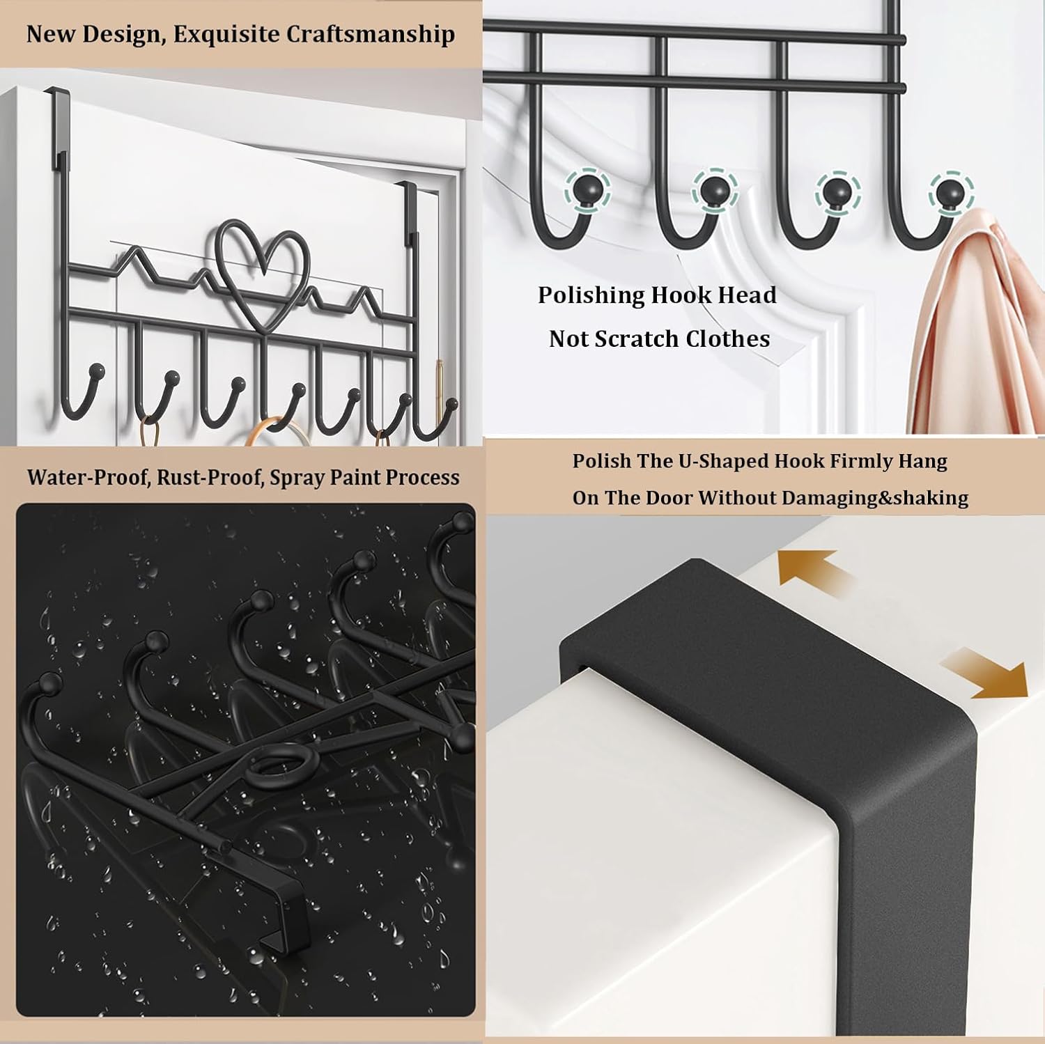 Overdoor Hooks - No-Drill Clothes and Hat Hangers - Door Hooks - Can hang jackets, towels, bags, bathrobes, etc. (2-pack - Black) — image 5