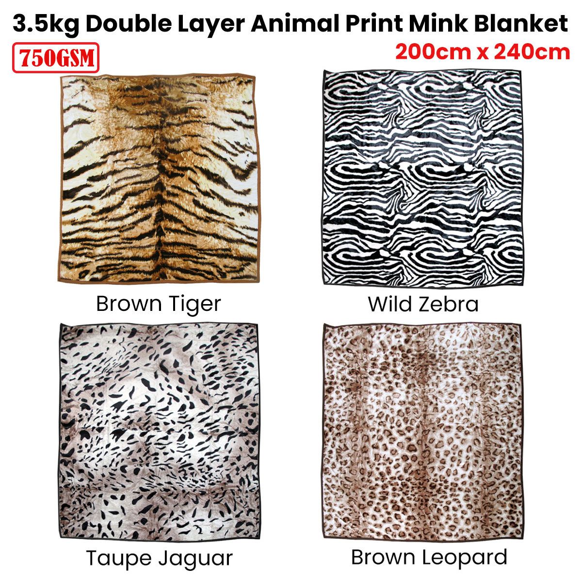 750gsm 3.5kg Double Layer Animal Print Faux Mink Blanket Queen 200x240 cm Wild Zebra โ image 2