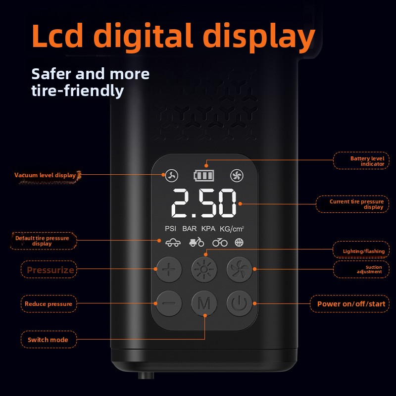 Black 4-in-1 Car Vacuum Cleaner and Tyre Inflator Portable Cordless Air Pump with LED Light and Digital Pressure Gauge — image 5