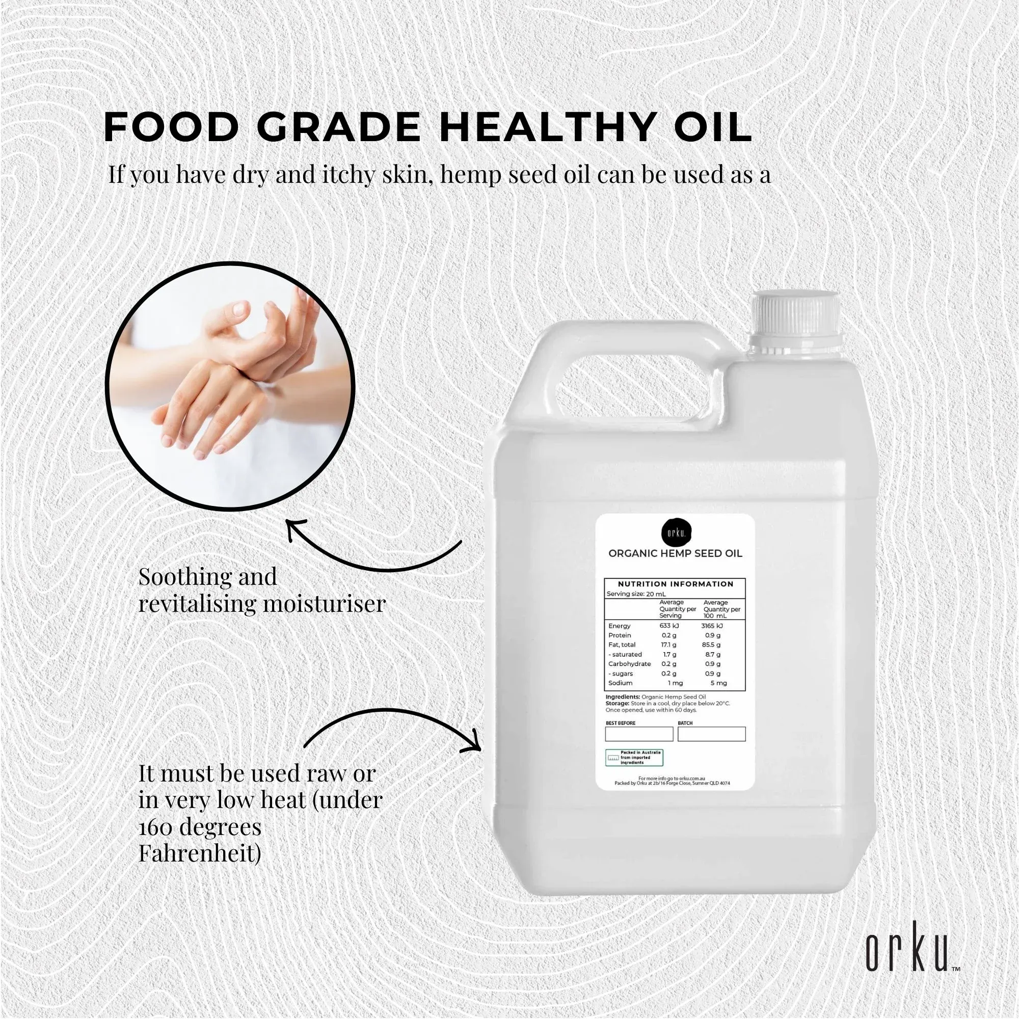 Orku 5L Organic Hemp Seed Oil - Cold Pressed Food Grade Oils — image 4