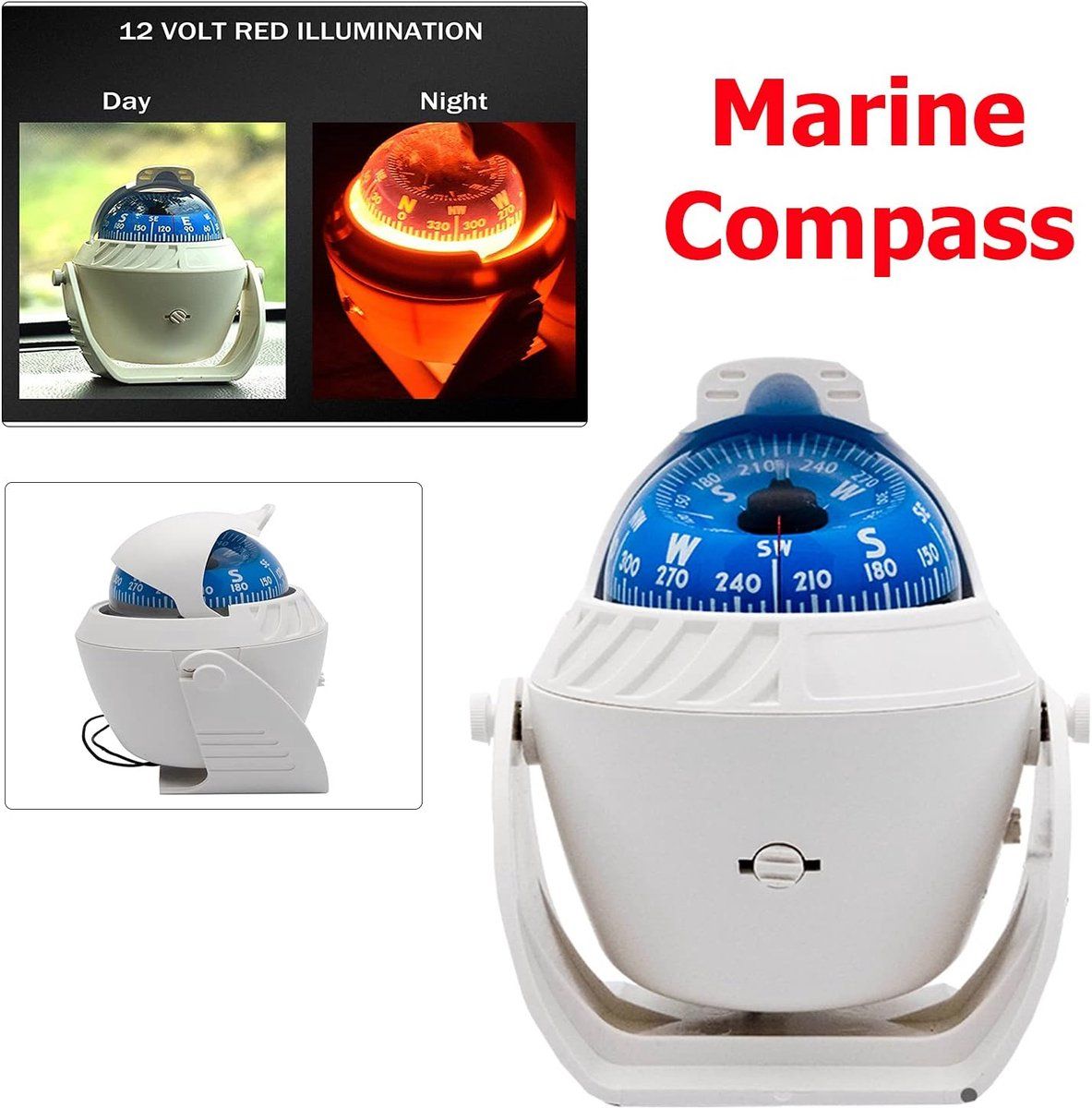 Marine Compass with mounting bracket, waterproof compass bulb, for boats and campers, rotatable instrument panel with lighting, Black — image 2