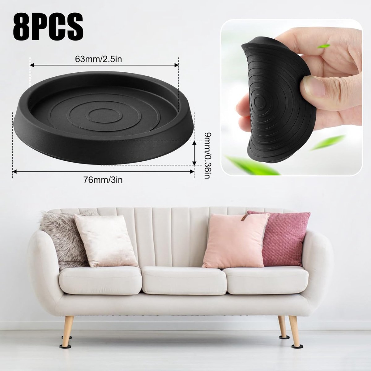 8 pieces - Furniture mats - 76 × 76 × 9 mm - 6.3 cm round furniture mat - anti-slip furniture protectors - rubber furniture protectors - for hardwood floors — image 5