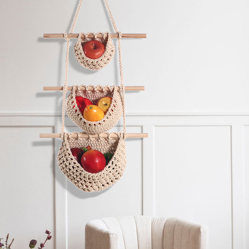 Three-layer cotton rope style Bohemian Hanging Fruit Basket β Wall-Mounted Woven Storage Net Pocket for Kitchen & Home Decor β image 3
