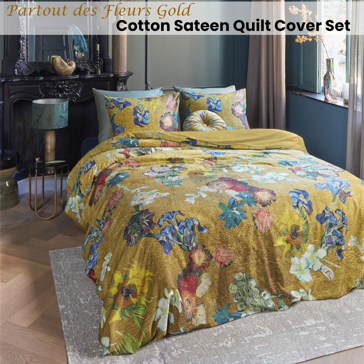 Bedding House Van Gogh Partout des Fleurs Gold Cotton Sateen Quilt Cover Set Queen — image 2
