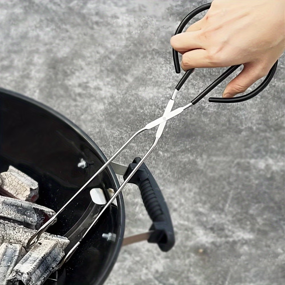 Long, sturdy, and heat-resistant charcoal tongs for grilling food. Made of stainless steel, these portable tongs are suitable for outdoor grilling, charcoal