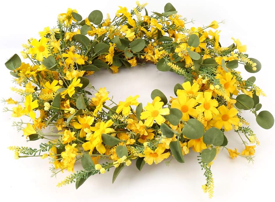 Artificial Spring Wreath 22 Inch Summer Wreaths for Front Door Yellow Daisy Wreath for Indoor Outdoor Home Decor and Easter Celebration — image 3