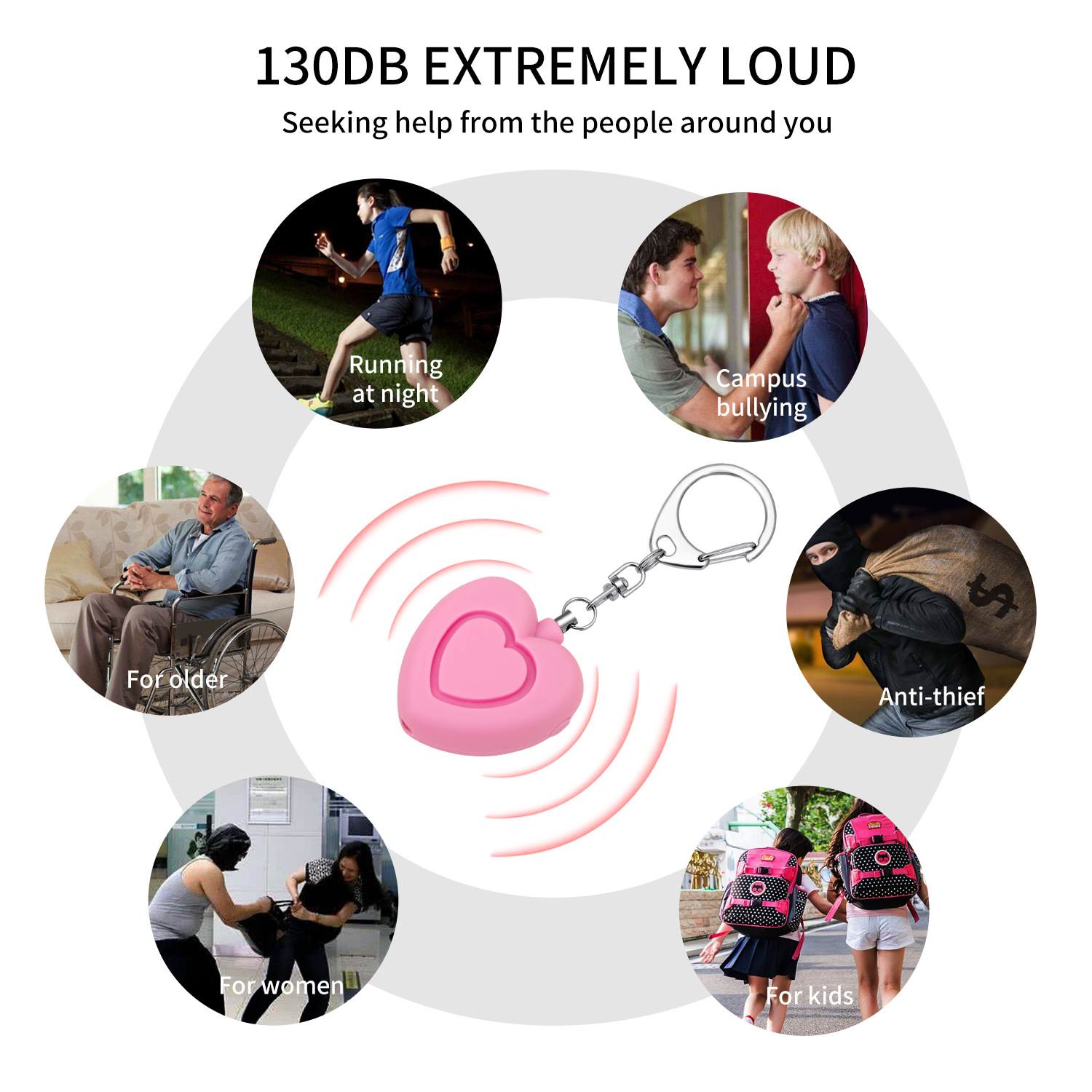 Personal alarm - 125dB - Heart-shaped - Protection device - with light - Keychain - for girls, women, children, the elderly, walking, traveling, parking, at — image 5