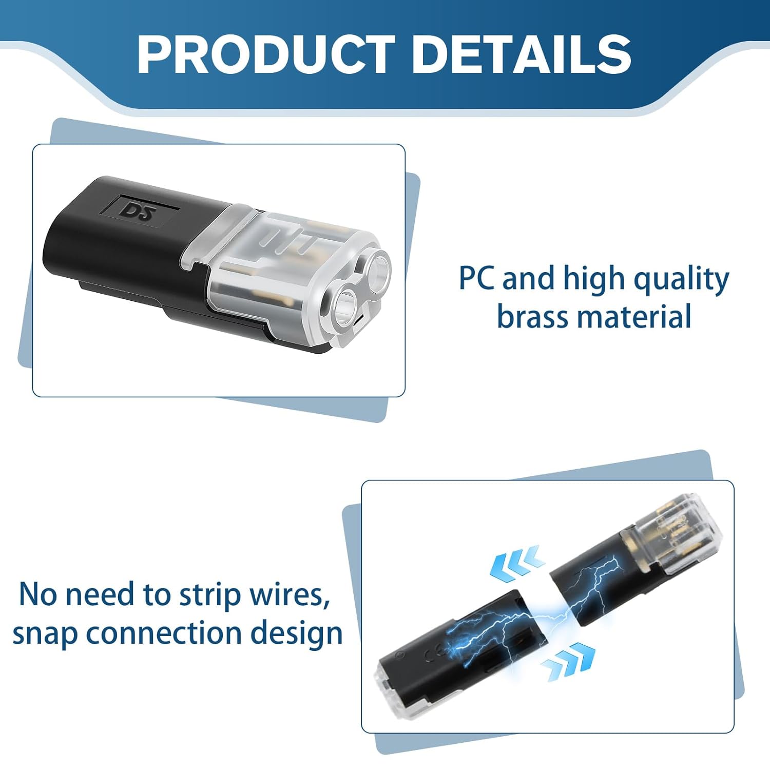 Double Wire Plug in Connector, 2-Pin Low Voltage Wire Connector with Locking Buckle, No-Stripping Quick Splice Clips for 22–18 AWG LED Strip Light&Electrical — image 3